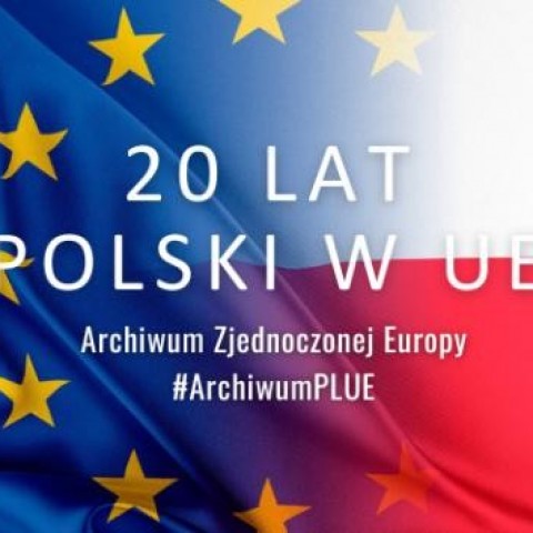 Powiększ obraz: Splecione flagi Polski i Unii Europejskiej
